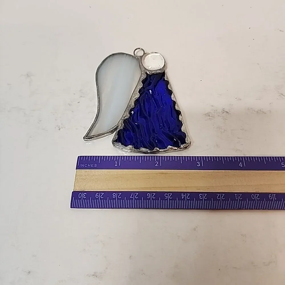 Stain Glass Angel Ornament Blue Textured Glass Body White Glass Wings 3.5”T